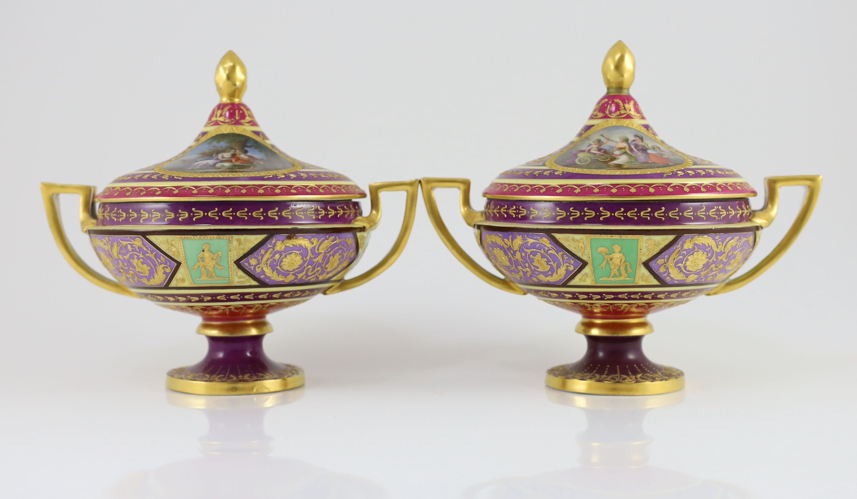 A pair of Vienna style porcelain ecuelles, covers and stands, c.1900, diameter 23.5cm